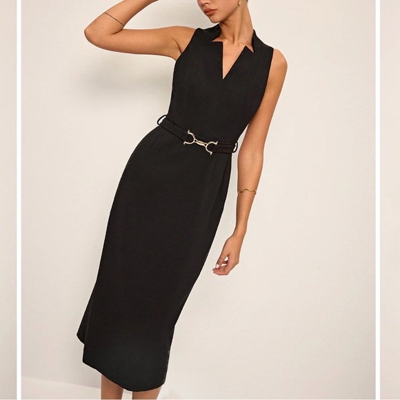 Commense Dresses & Skirts - Commense Black Sleeveless V Neck Belted Midi Dress Small NWT